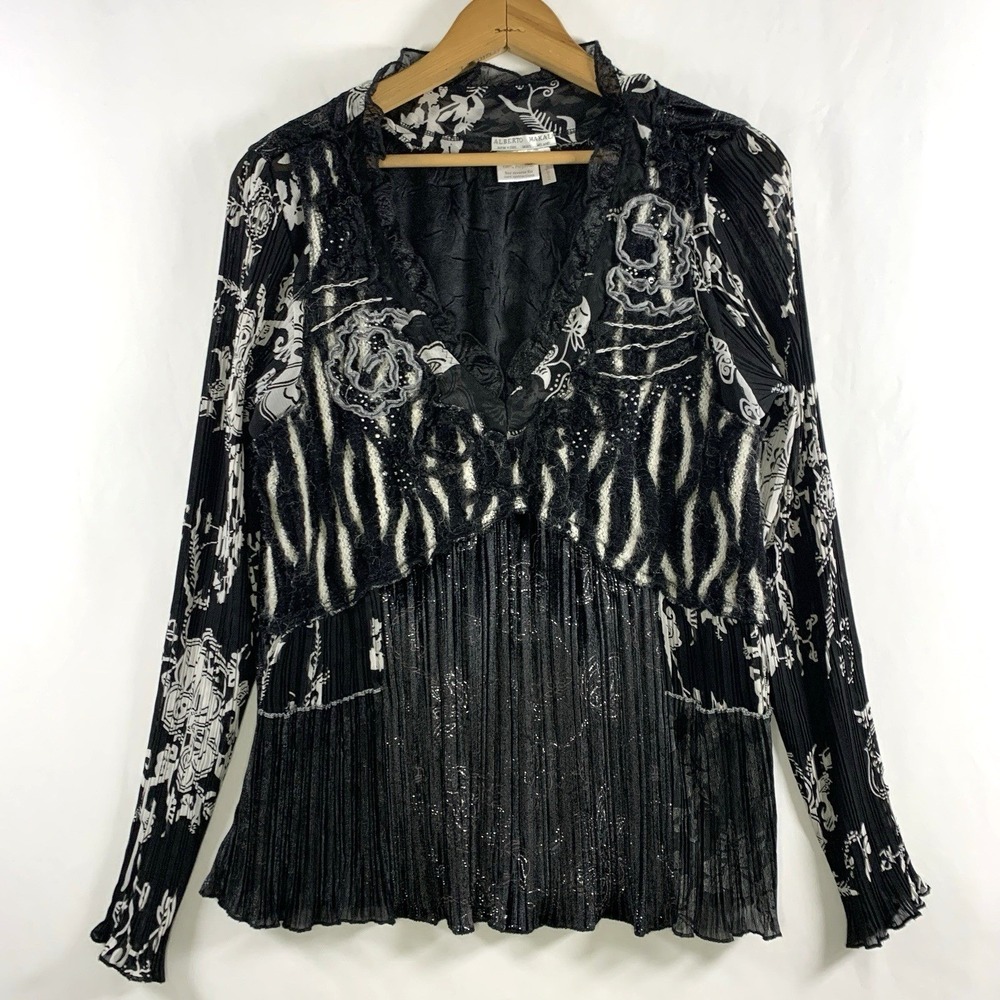 Alberto Makali Womens Velvet Mixed Media Top M/L Whimsigoth Artsy Pleated Ruffle